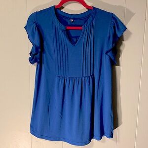 NWOT Women’s Blue Flutter-Short Sleeve Blouse with Pintuck Design & V Neck